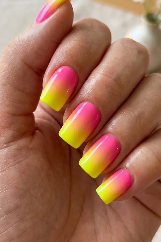 bright-neon-ombre-pink-yellow-square-nails