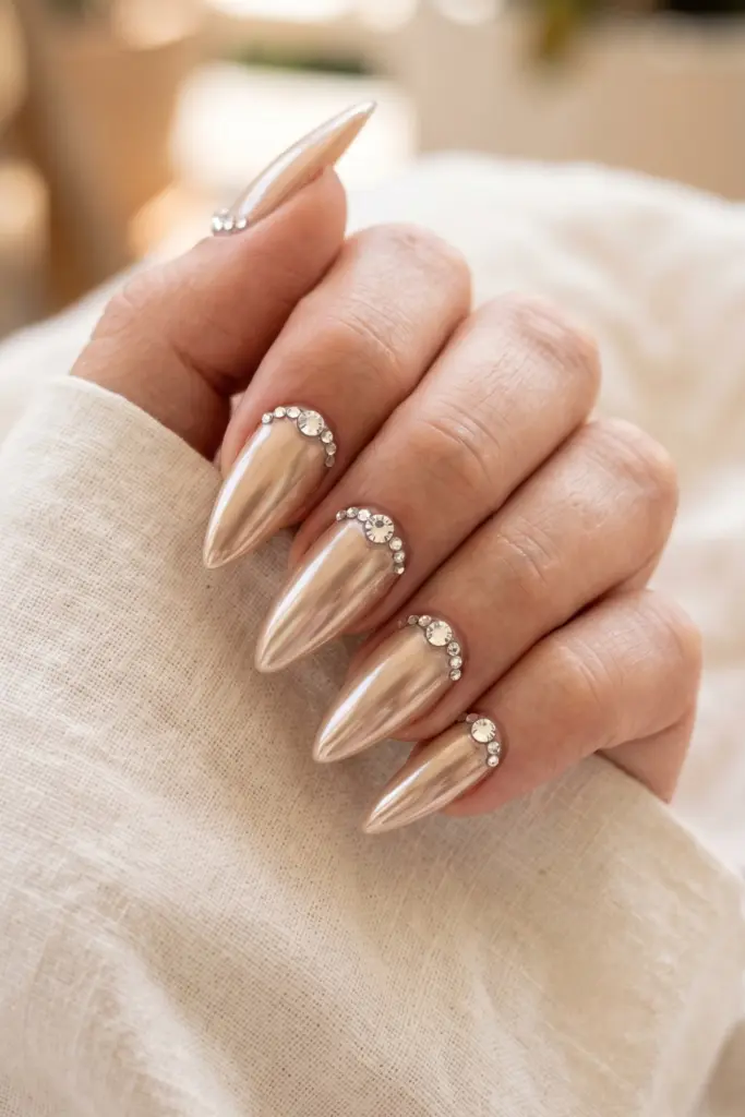 champagne-chrome-rhinestone-stiletto-simple-summer-nails