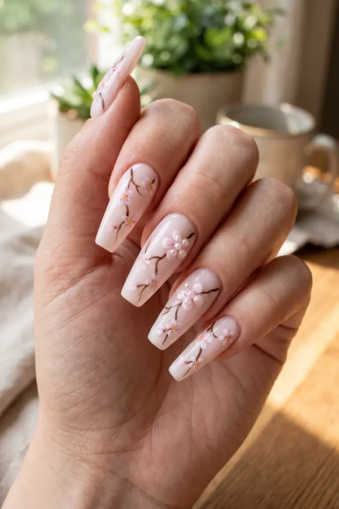 cherry-blossom-pale-pink-coffin-nails-floral-pearl-dots