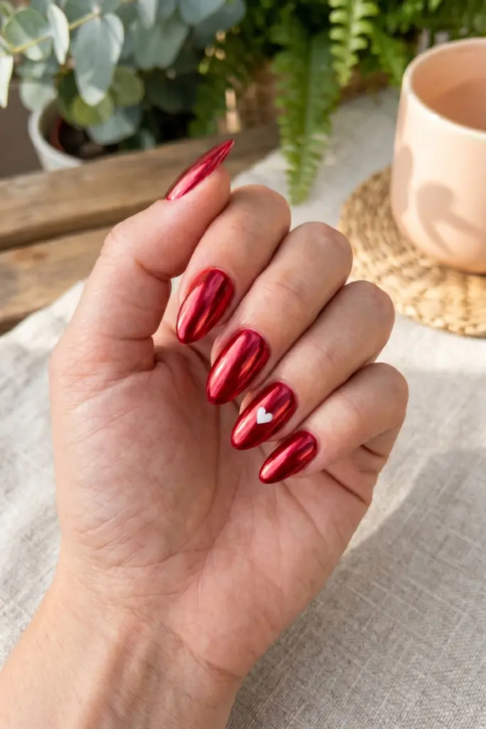 cherry-red-chrome-heart-simple-baddie-summer-nails