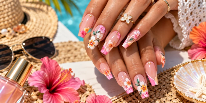 Chic summer coffin flower nails featuring long glossy nude-pink tips, colorful floral accents, delicate gold details, and a vibrant tropical-inspired manicure.