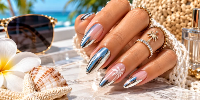Creative chrome summer nails featuring long almond-shaped nails with glossy silver chrome tips, soft pink polish, tropical palm details, and gold rings in a bright summer setting.