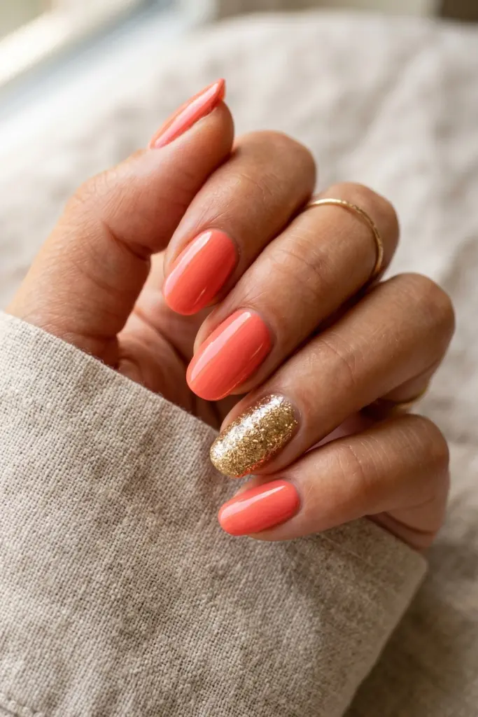 coral-gold-glitter-accent-solid-nails