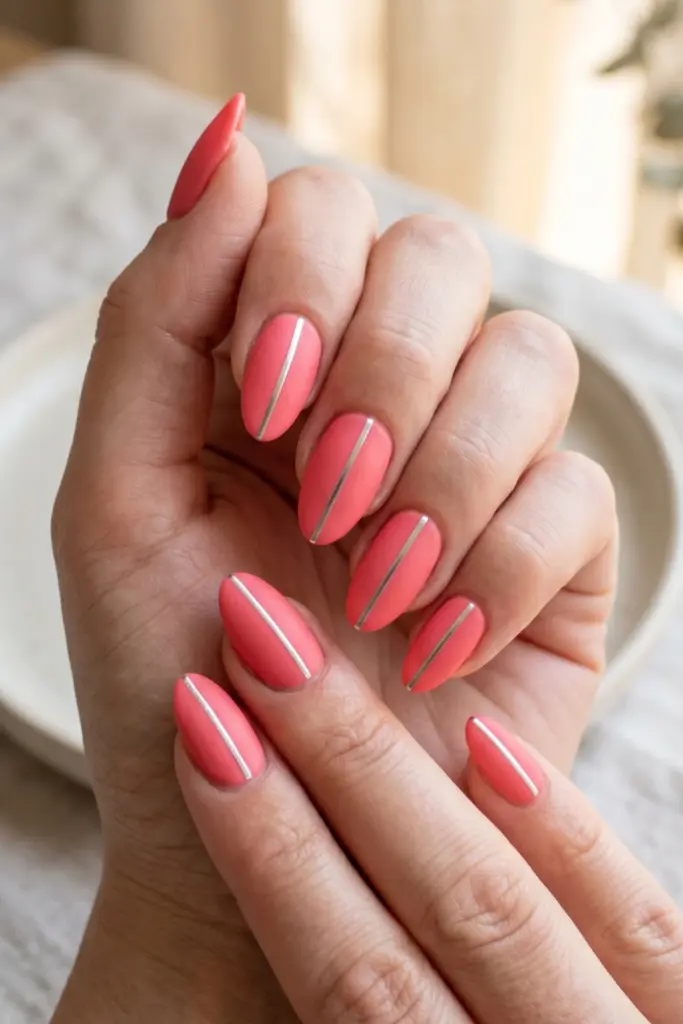 coral-matte-silver-line-summer-nails-trends