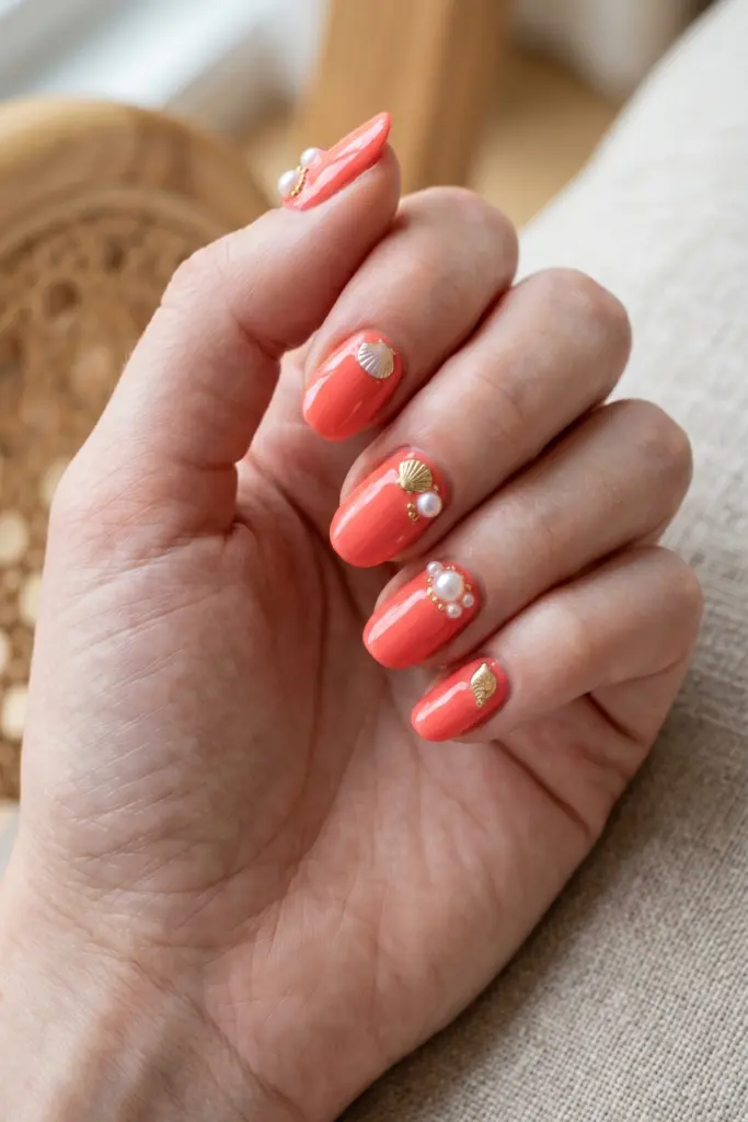 coral-shell-pearl-accents-solid-coral-nails
