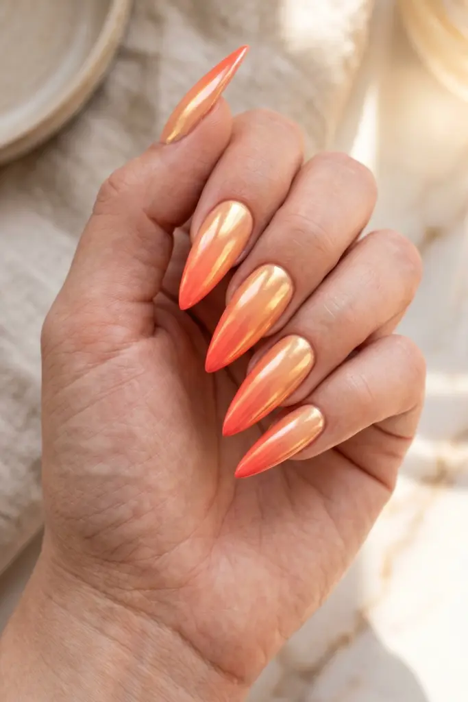 coral-sunset-chrome-ombre-stiletto-simple-summer-nails