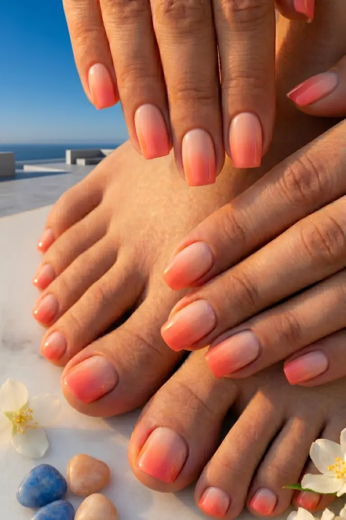 coral-sunset-gradient-simple-nails-toes-summer