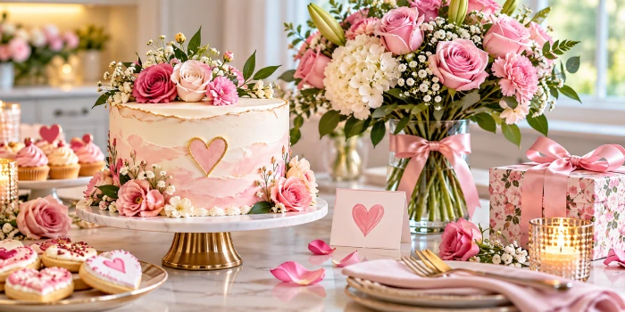 Creative Mother's Day cake and flower decor ideas featuring a pink floral cake on a marble stand, fresh roses, pastries, candles, gift box, and elegant table styling.