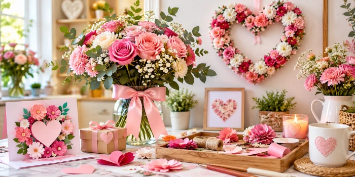 Creative Mother’s Day flower crafts and decor ideas featuring a pink rose bouquet, handmade floral heart wreath, paper flowers, decorated card, wrapped gift, and elegant tabletop crafts