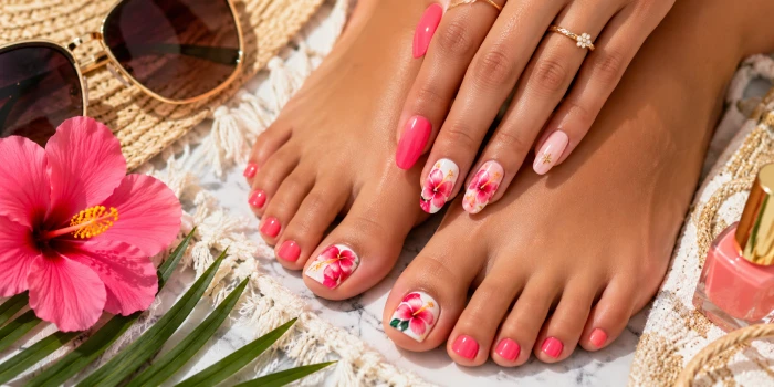 Creative simple nail and toes set summer nail ideas featuring vibrant coral-pink polish, delicate hibiscus floral accents, matching manicure and pedicure, gold jewelry, and tropical summer accessories.