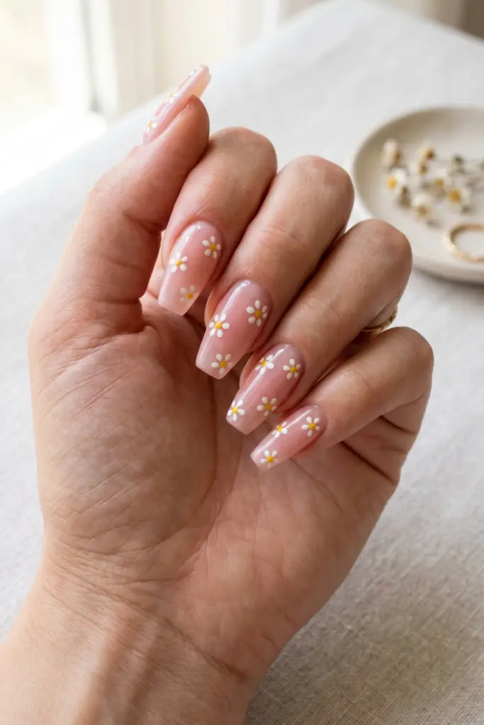 daisy-daze-white-coffin-nails-yellow-center-flowers-sheer-pink