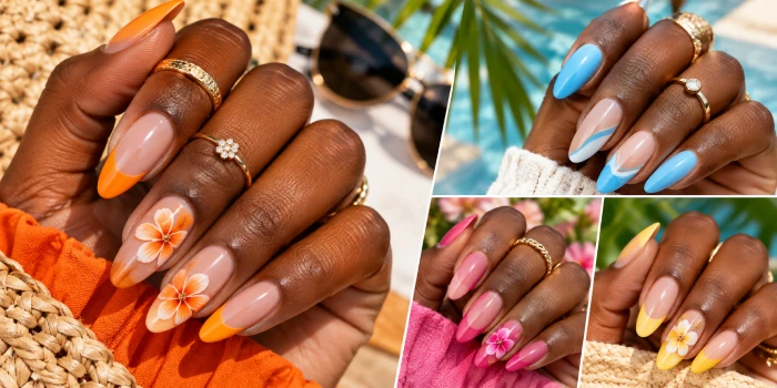 Dark-skinned woman showcasing simple summer nail designs with glossy almond-shaped nails in vibrant orange, blue, pink, and yellow shades, accented with delicate floral details, gold jewelry, and tropical summer styling.