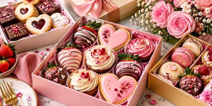 Creative Mother's Day dessert boxes filled with heart-shaped cookies, cupcakes, chocolate-covered strawberries, macarons, brownies, and pink floral decorations in elegant gift packaging.