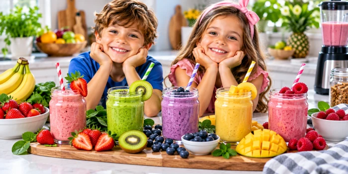 Easy DIY smoothies for kids featuring colorful strawberry, kiwi, blueberry, mango, and raspberry smoothies with fresh fruit in a bright modern kitchen.