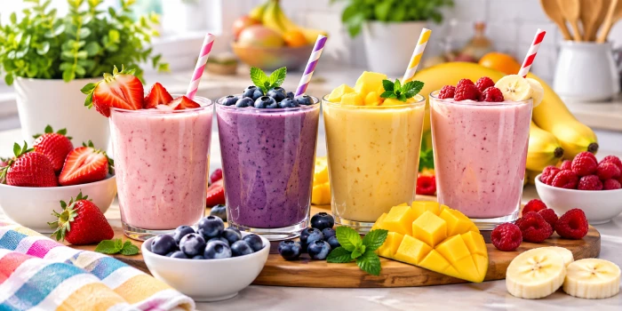 Four colorful yogurt smoothies for kids made with frozen strawberries, blueberries, mango, and raspberries, topped with fresh fruit and mint in a bright modern kitchen.