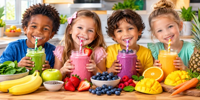 Colorful dairy-free smoothie recipes for kids featuring creamy fruit smoothies with strawberries, blueberries, mango, banana, and fresh healthy ingredients in a bright modern kitchen.