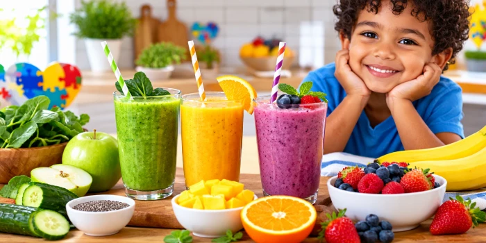 Colorful healthy detox smoothies for kids with autism, featuring green, berry, and tropical smoothies surrounded by fresh fruits, vegetables, leafy greens, and kid-friendly ingredients in a bright modern kitchen.