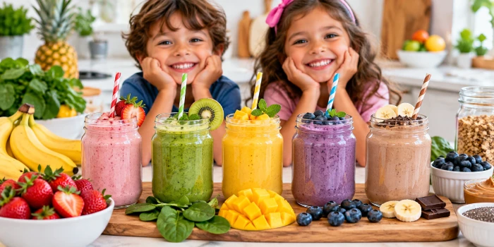 Easy healthy dinner smoothies for kids with colorful strawberry, green, mango, blueberry, and banana blends, fresh fruit toppings, and nutritious ingredients in a bright modern kitchen.