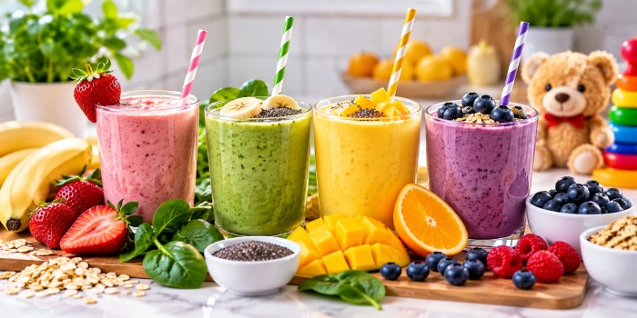 Colorful healthy fruit smoothies for kids with strawberries, bananas, mango, blueberries, spinach, chia seeds, and oats arranged on a bright kitchen counter for easy energy-boosting recipes.