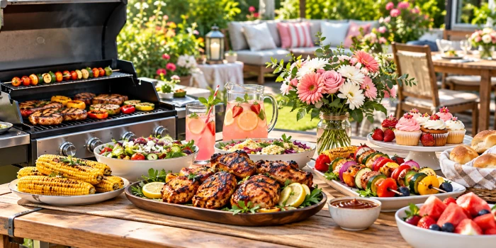 Easy Mother’s Day BBQ food ideas for outdoor lunch featuring grilled chicken, corn on the cob, colorful vegetable skewers, fresh salads, fruit, cupcakes, and pink lemonade served on a sunny backyard patio.
