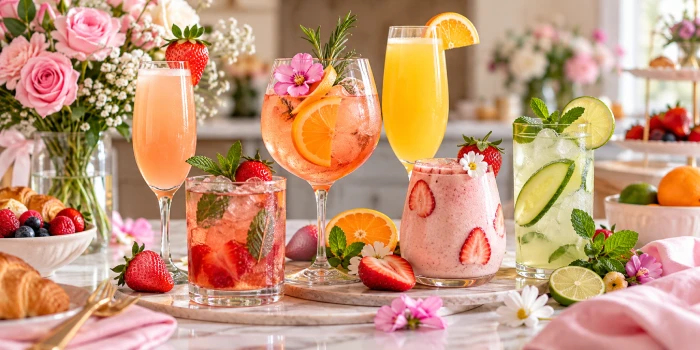 Colorful Mother's Day cocktails and mocktails for brunch featuring strawberry drinks, citrus cocktails, cucumber lime mocktails, fresh fruit, mint, edible flowers, and elegant brunch styling.