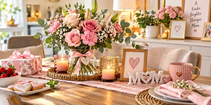 Easy Mother's Day decor ideas on a budget featuring a pink floral centerpiece, candles, heart accents, wrapped gifts, cookies, and elegant tabletop decorations in a cozy modern home.