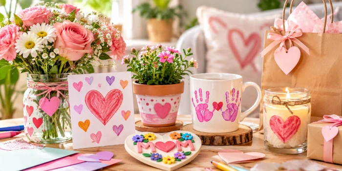 Easy Mother’s Day gift ideas from kids to make, featuring handmade flower gifts, a decorated mug, heart card, painted planter, candle, and wrapped presents on a cozy table.