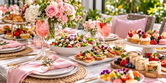 Elegant Mother's Day ladies' lunch table with pink floral centerpiece, sparkling berry drinks, fresh fruit salad, avocado bruschetta, savory pinwheels, pastries, cupcakes, macarons, and beautifully arranged tableware.