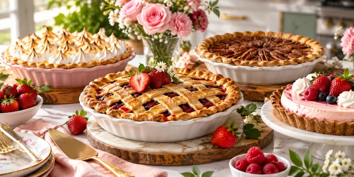 Beautiful Mother’s Day dessert table featuring a golden strawberry lattice pie, lemon meringue pie, pecan pie, and berry-topped cheesecake, decorated with fresh strawberries, raspberries, pink roses, and elegant serving dishes.