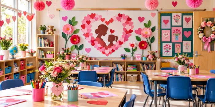 Easy Mother’s Day school decoration ideas for classrooms featuring colorful paper hearts, flowers, handmade cards, decorated tables, and a cheerful classroom display