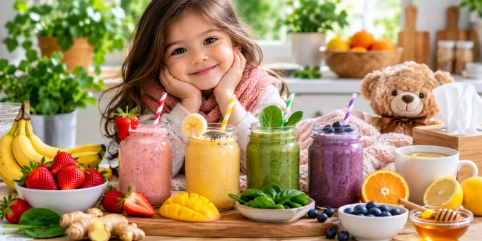 Easy smoothie ideas for kids with cough and cold featuring colorful strawberry, banana, mango, green, and blueberry smoothies with fresh fruit, spinach, ginger, citrus, honey, and a cozy child-friendly kitchen setting.