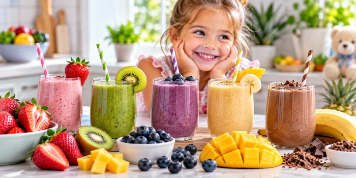 Colorful healthy smoothies for picky eaters, including strawberry, kiwi, blueberry, mango, and chocolate banana smoothies, served with fresh fruit for kids.