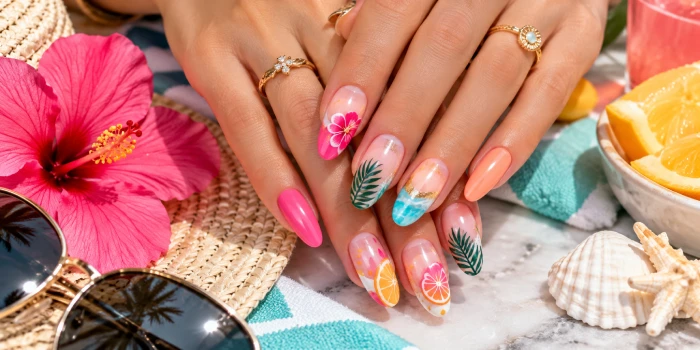 Easy summer nail trends featuring vibrant pink, coral, peach, turquoise, floral, tropical, citrus, and gold-accented almond nail designs with a bright beach-inspired summer setting.