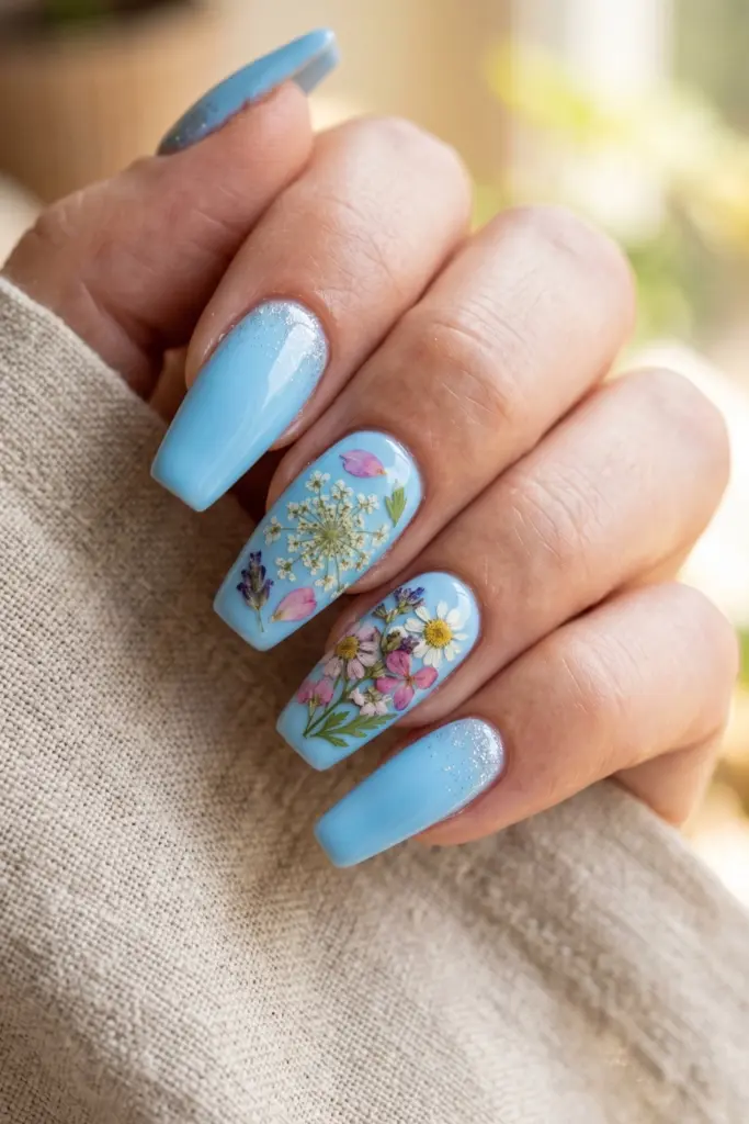 glitter-flower-accents-baby-blue-coffin-nails-silver-pressed