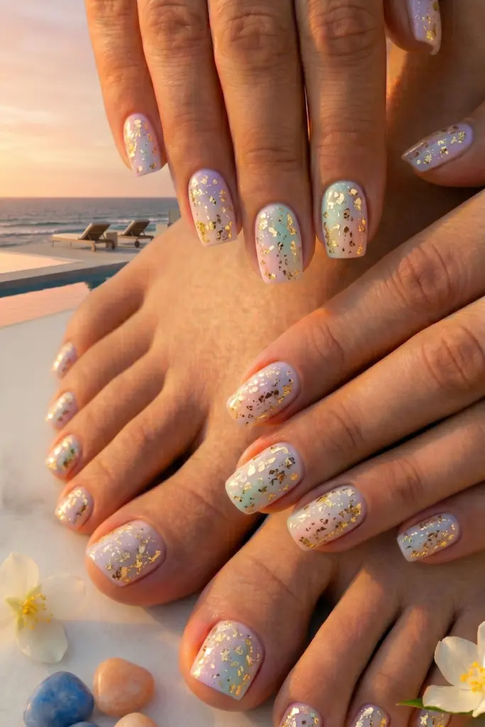 glittery-gold-flakes-simple-nails-toes-summer