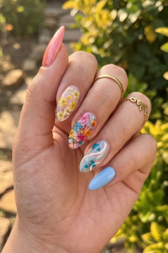 glossy-clear-pressed-flowers-simple-almond-summer-nails