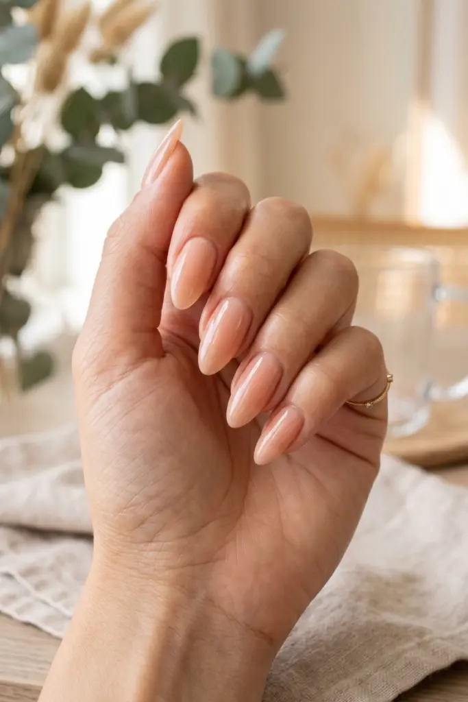 glossy-peach-nude-nails-simple-summer-designs