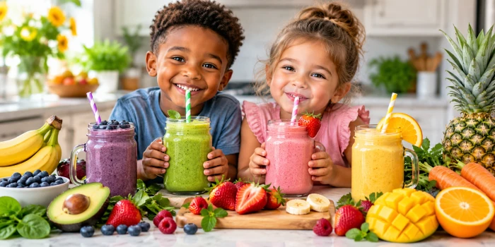 Colorful healthy smoothies for kids with strawberry, blueberry, green, and mango blends surrounded by fresh fruit in a bright, modern kitchen