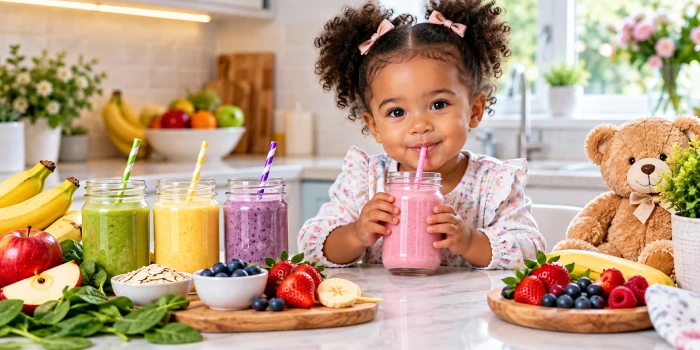 Healthy smoothies for toddlers with cough, featuring colorful homemade fruit and vegetable smoothies, fresh berries, bananas, apples, spinach, and a toddler enjoying a pink smoothie in a bright modern kitchen.