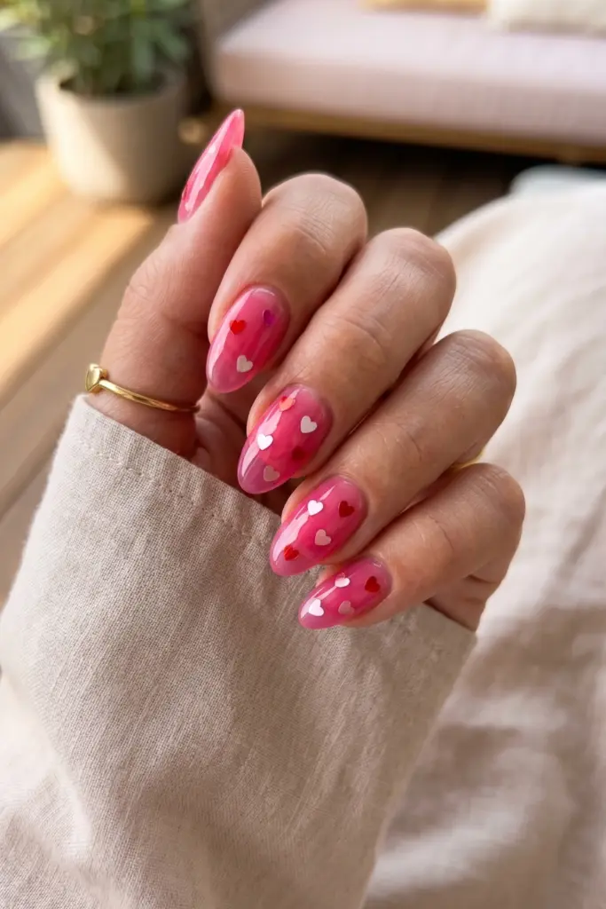 hot-pink-jelly-heart-decals-simple-baddie-summer-nails