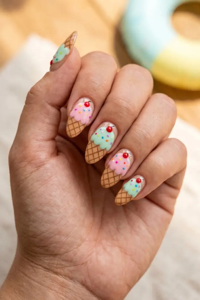 ice-cream-cone-nails-simple-cute-summer-designs