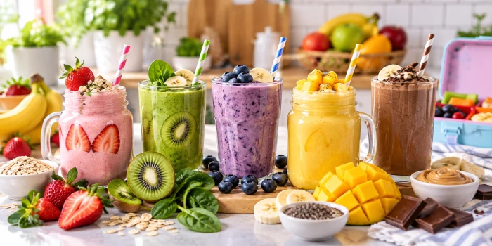 Colorful kid-friendly smoothies in strawberry, green, blueberry, mango, and chocolate flavors arranged on a kitchen counter with fresh fruit, oats, spinach, chia seeds, and banana for easy lunch smoothie recipe ideas for kids.