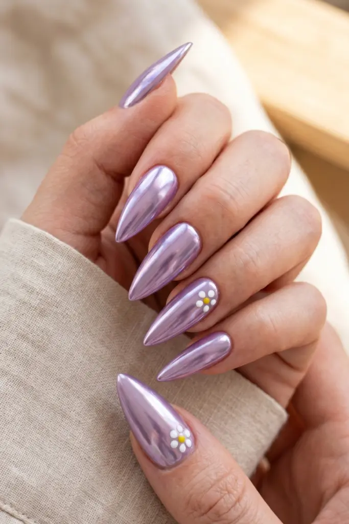 lavender-chrome-daisy-stiletto-simple-summer-nails