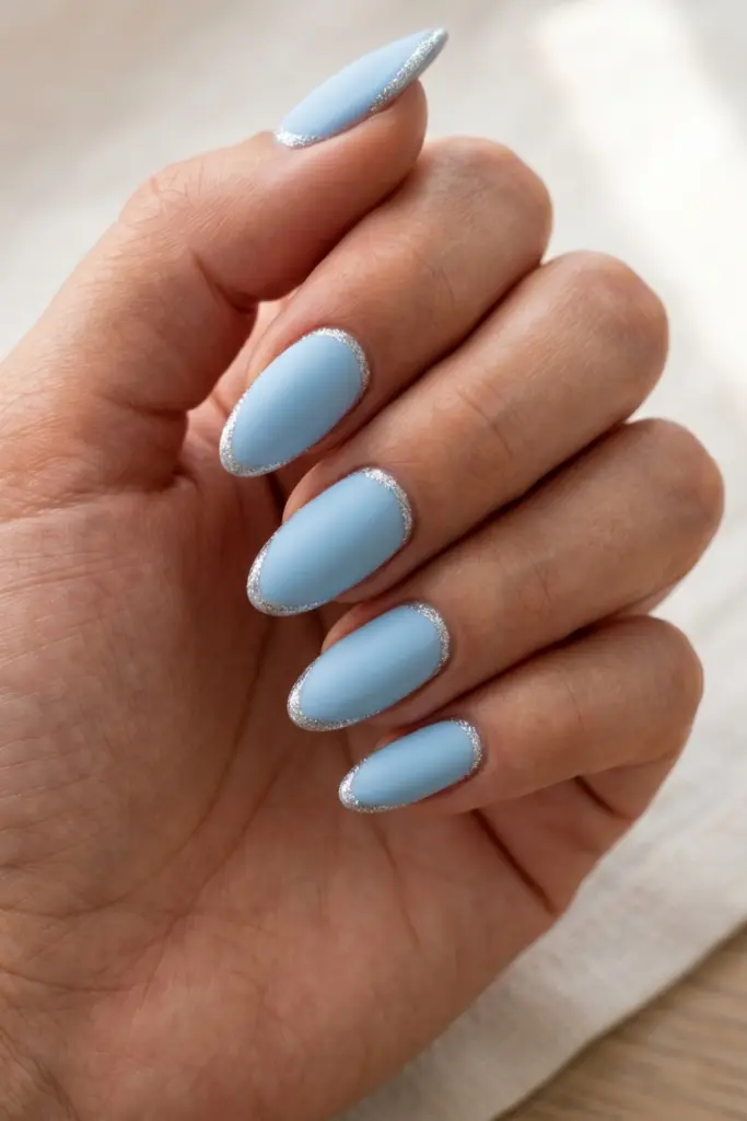 matte-baby-blue-silver-glitter-border-simple-baddie-summer-nails