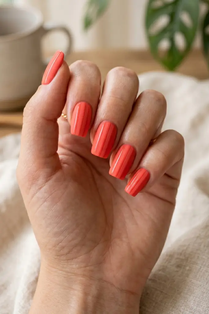 matte-coral-glossy-stripes-nail-art