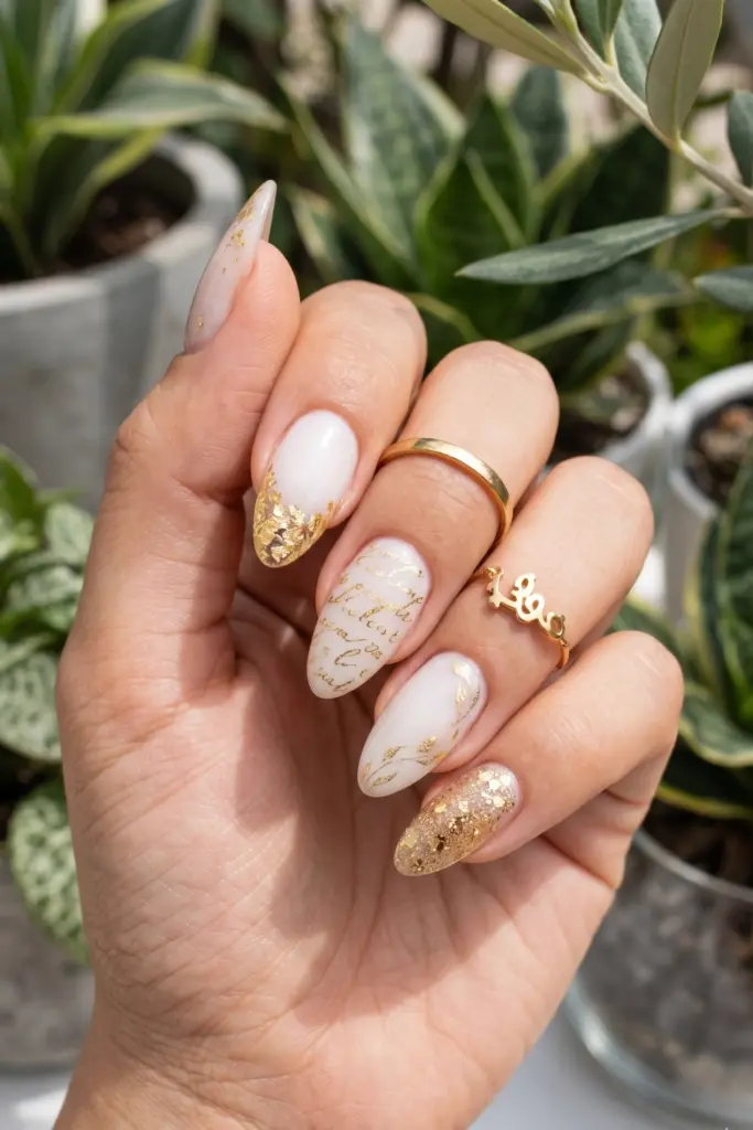 milky-white-gold-flakes-simple-almond-summer-nails