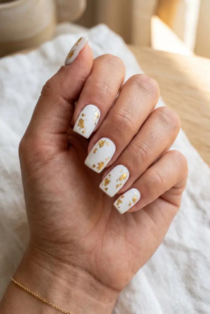 minimalist-white-gold-flakes-matte-square-nails