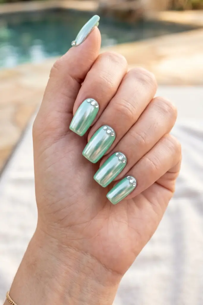 mint-chrome-tiny-gems-simple-baddie-summer-nails