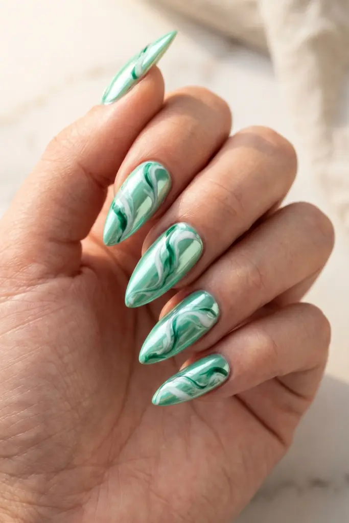 mint-green-chrome-marble-stiletto-simple-summer-nails