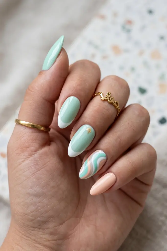 mint-green-white-french-simple-almond-summer-nails